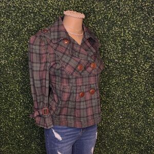 American Rag Green and Brown Plaid Pea Coat